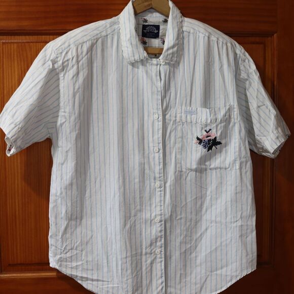 Dockers Feminine Striped Button Down Ruffle Short Sleeve Shoulder Pad Shirt Medi - Picture 2 of 10